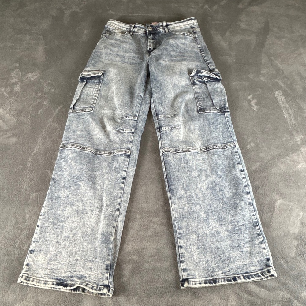 Blue Jeans Acid Wash Wide Leg Cargo Pants Juniors 11 High Rise Utility Denim